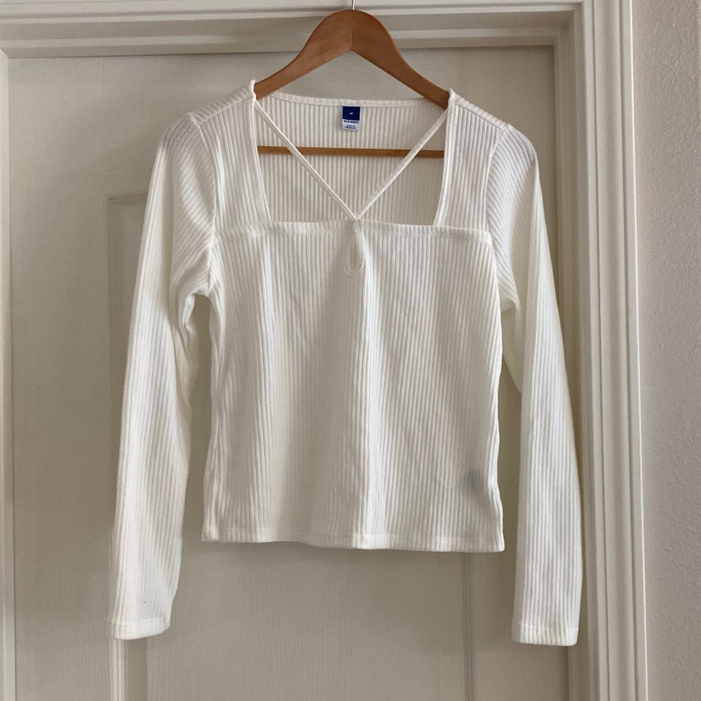 White Ribbed Cross chest design Long Sleeve Top